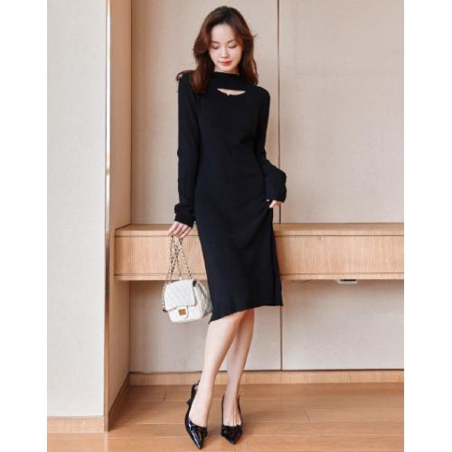 【镂空性感】春秋季款时尚纯色长袖线衫长袖连衣裙