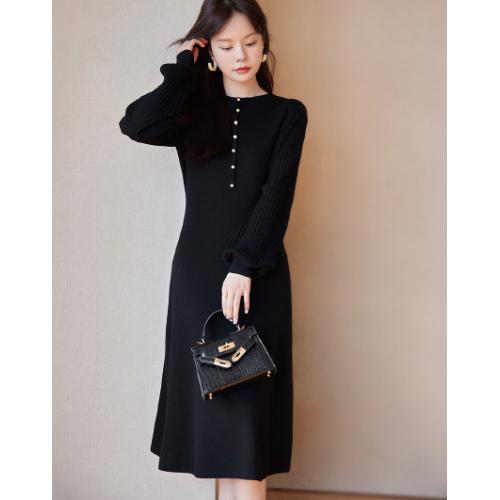 【仿亚麻】春秋季款法式浪费风圆领百褶袖收腰长袖连衣裙