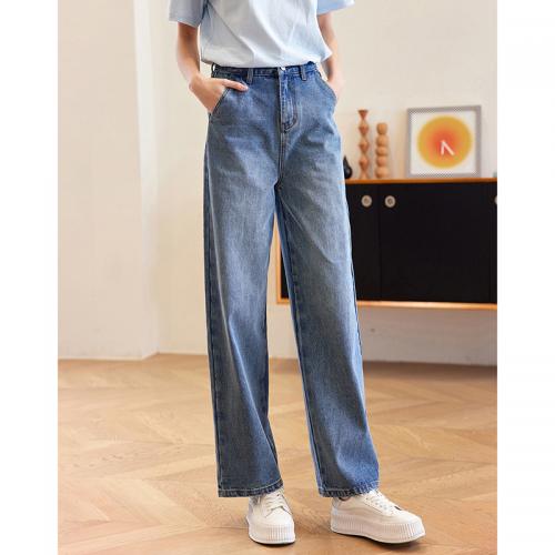 德玛纳蓝色牛仔裤女春季新款高腰垂感直筒阔腿裤宽松法棍裤子