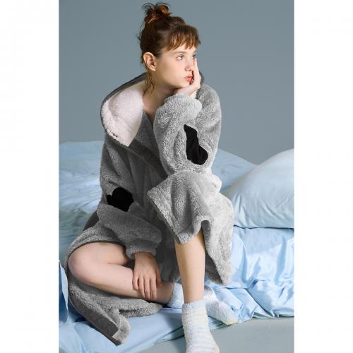 yso冬季睡衣女轻薄款珊瑚绒连帽爱心简约睡衣可外穿家居服D