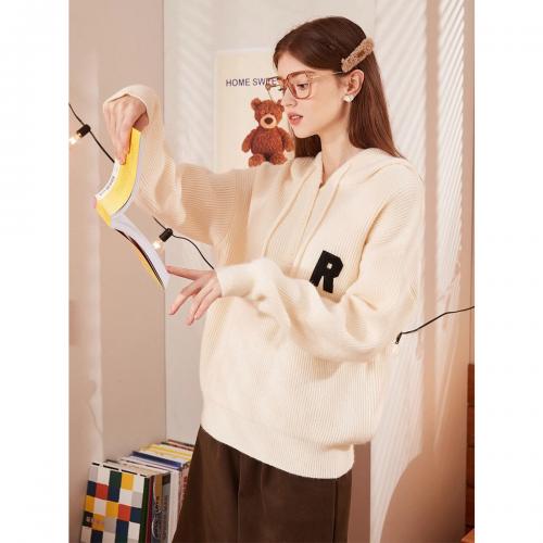 2023秋冬新款女连帽字母标帽绳毛衣百搭设计感潮流时髦韩系