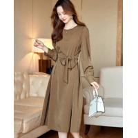 【圆领套头】春秋季款摩卡慕斯系腰带无领淑女风连衣裙
