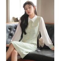 【粗花呢格纹】春秋季款优雅风雪纺拼接修身衬衫领连衣裙女