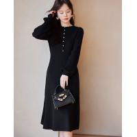 【仿亚麻】春秋季款法式浪费风圆领百褶袖收腰长袖连衣裙