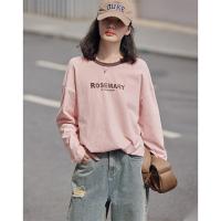 德玛纳粉色圆领长袖T恤女秋季新款显瘦内搭宽松休闲打底上衣