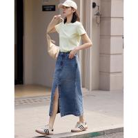 德玛纳蓝色牛仔半身裙女夏季新款中长休闲高腰显高显瘦A字裙