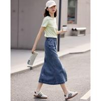 德玛纳蓝色牛仔半身裙女夏季新款中长休闲高腰显高显瘦A字裙