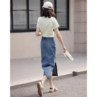 德玛纳蓝色牛仔半身裙女夏季新款中长休闲高腰显高显瘦A字裙