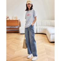 德玛纳蓝色牛仔裤女春季新款高腰垂感直筒阔腿裤宽松法棍裤子