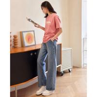 德玛纳蓝色牛仔裤女春季新款高腰垂感直筒阔腿裤宽松法棍裤子