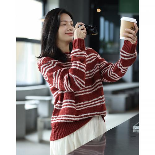 德玛纳复古条纹宽松慵懒风毛衣女秋冬季新款外穿外套针织上衣