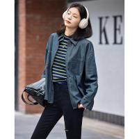 德玛纳蓝色牛仔衬衫女秋季复古休闲长袖衬衣宽松内搭上衣外套