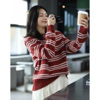 德玛纳复古条纹宽松慵懒风毛衣女秋冬季新款外穿外套针织上衣