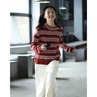 德玛纳复古条纹宽松慵懒风毛衣女秋冬季新款外穿外套针织上衣