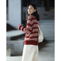 德玛纳复古条纹宽松慵懒风毛衣女秋冬季新款外穿外套针织上衣