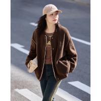 德玛纳深咖色绒感棒球服外套女冬季时尚潮流宽松显瘦休闲上衣