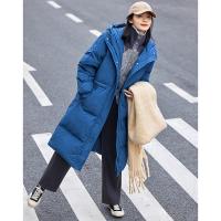 德玛纳连帽被子羽绒服女冬季长款过膝蓝色90白鸭绒可收腰显瘦外套
