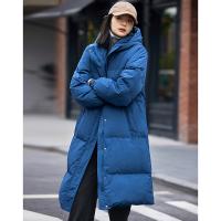 德玛纳连帽被子羽绒服女冬季长款过膝蓝色90白鸭绒可收腰显瘦外套
