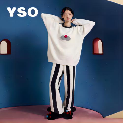 yso【酷猫系列】睡衣女冬季松弛感半边绒睡衣套装条纹卡通家居服D