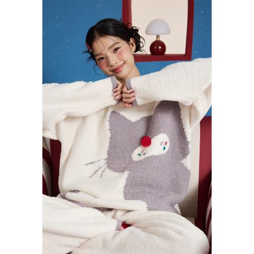yso【酷猫系列】睡衣女冬季套装雪尼尔新款半边绒睡衣卡通家居服D