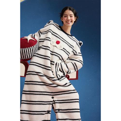 yso【酷猫系列】睡衣女连体睡裙两穿秋冬珊瑚绒可爱长款家居服D