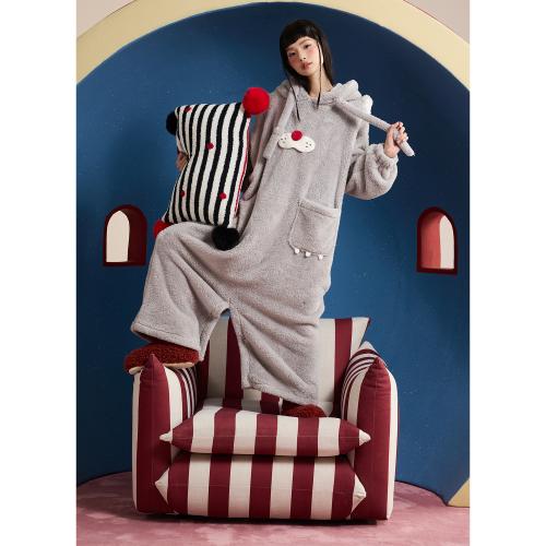 yso【酷猫系列】连体睡衣女款秋冬新款珊瑚绒长款睡裙两穿家居服D