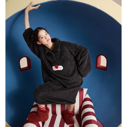 yso【酷猫系列】睡裙女秋冬简约珊瑚绒长款加绒睡衣可外穿家居服D