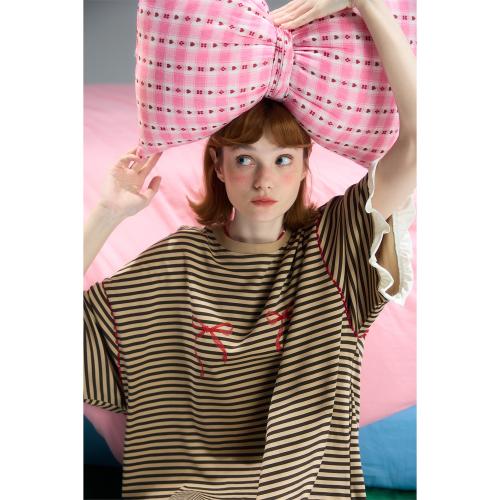 yso【礼物系列】睡裙女春秋棉感条纹舒适睡衣家居服可外穿长裙C