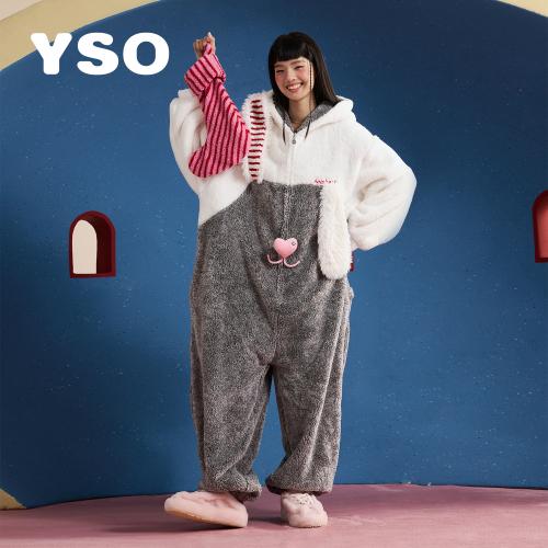 yso【礼物系列】连体睡衣女秋冬加绒加厚甜美爱心珊瑚绒家居服D