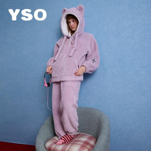 yso【酷猫系列】睡衣女秋冬加绒连帽保暖套装珊瑚绒可爱家居服D