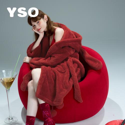yso【礼物系列】珊瑚绒睡袍女睡衣冬新年红过色年圣诞浴袍家居服D
