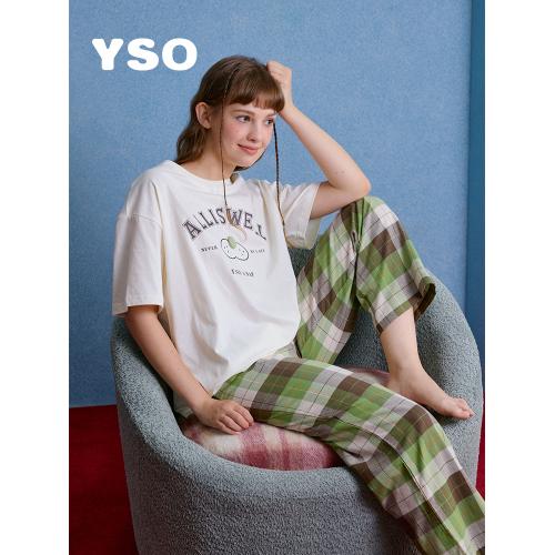 yso【酷猫系列】睡衣女春秋100%纯棉薄款短袖长裤休闲家居服套装C