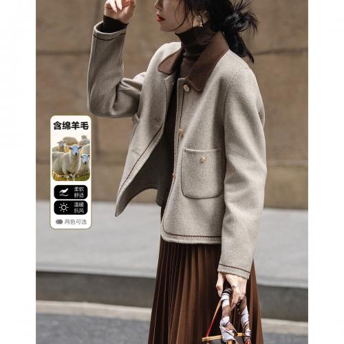 【雪野一梦】冬季静奢撞色翻领氧感绵羊毛双面呢绣线大衣女短外套