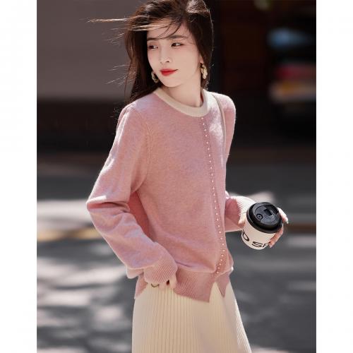 【圣情以待】秋冬慵懒风拼色圆领纤绒纱线衫温柔珍珠针织衫女上衣