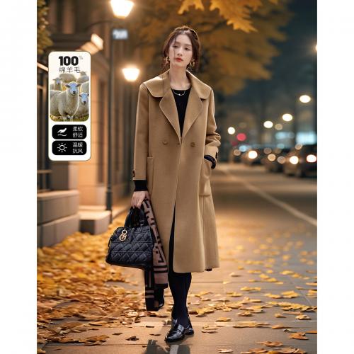 【久久陪伴】春优雅风度大翻领双排扣绵羊毛双面呢女式大衣外套