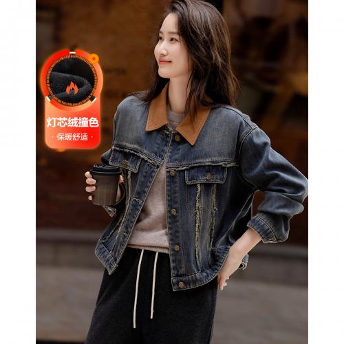 【时髦四重奏】冬复古撞色灯芯绒翻领云朵棉口袋牛仔外套女短款