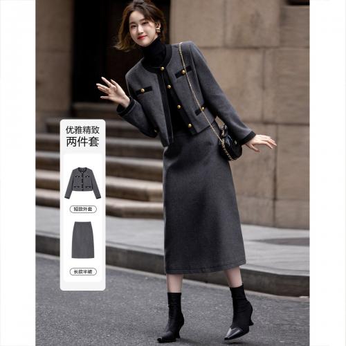 【会呼吸的绵羊毛】冬季千金玛德琳一字袋撞色套装小香风两件套女