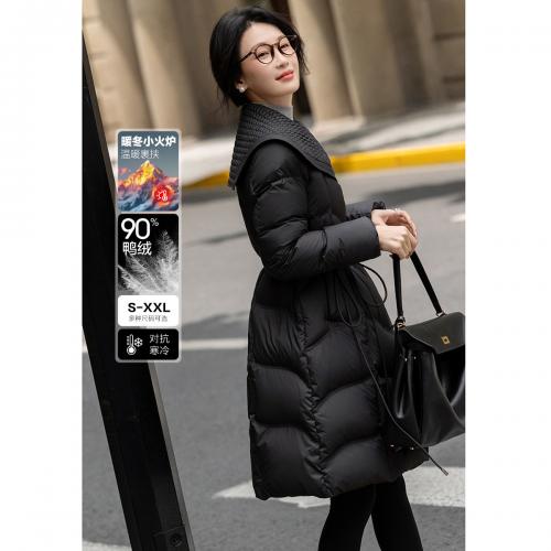 【400T春亚纺】冬季轻量90鸭绒大翻领抽皱调节腰女式羽绒服