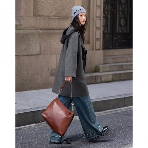 【学院风大衣】2024冬款连帽开门襟贴袋设计长袖中长款呢大衣