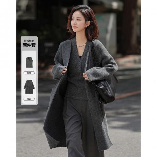 【深灰百搭套装】2024冬V领无袖背心针织衫+长袖针织外套