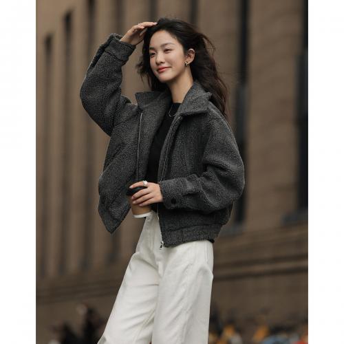 【翻领毛绒外套】2024冬款简约炭灰色宽松廓形日常休闲外套女