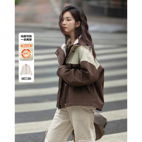 【工装拼色两件套】2024冬款两色拼接可拆卸加绒外套女