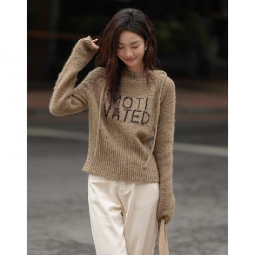 【软糯连帽针织】2024冬款套头胸前字母设计长袖针织衫女
