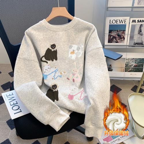 2024冬季女圆领前胸图案加绒卫衣美式复古慵懒风百搭韩版休闲