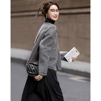 【雪野一梦】冬季静奢撞色翻领氧感绵羊毛双面呢绣线大衣女短外套