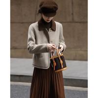 【雪野一梦】冬季静奢撞色翻领氧感绵羊毛双面呢绣线大衣女短外套