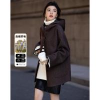 【时髦尖子生】冬季轻复古都市连帽绵羊毛双面呢舒适藏肉气质女外