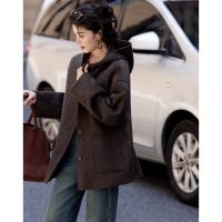 【时髦尖子生】冬季轻复古都市连帽绵羊毛双面呢舒适藏肉气质女外