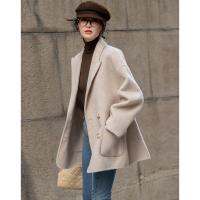 【韩风大女主】24冬静奢千鸟格含绵羊毛双面呢双排扣松弛女外套