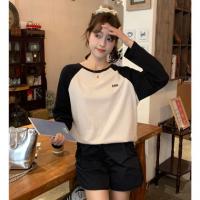 2024秋季女圆领袖子拼接撞色长袖T恤气质百搭高级感潮流韩版
